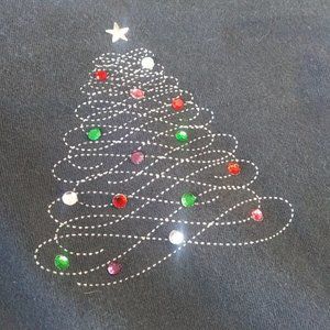 Christmas Holiday Long Sleeve T-Shirt Metallic Stitch Rhinestones | XS Dk. Black